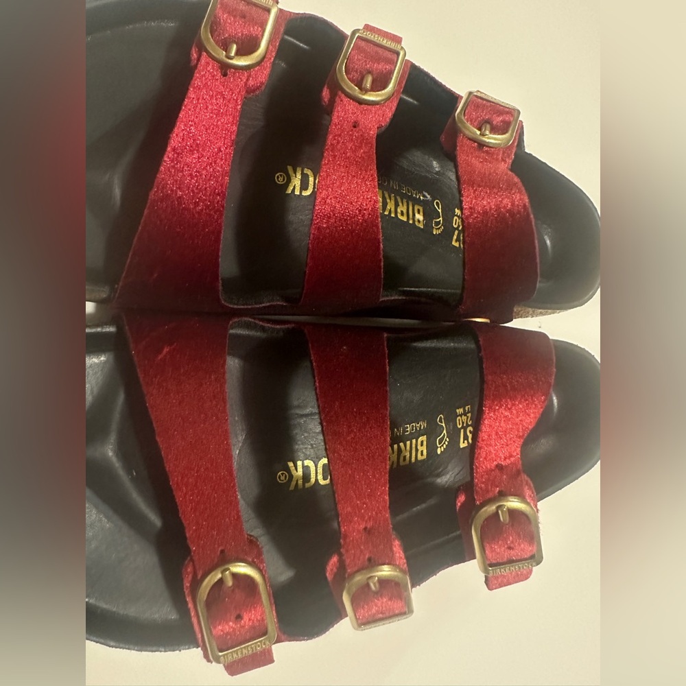 New Birkenstock Florida Velvet Maroon Sandals with Gold Buckles